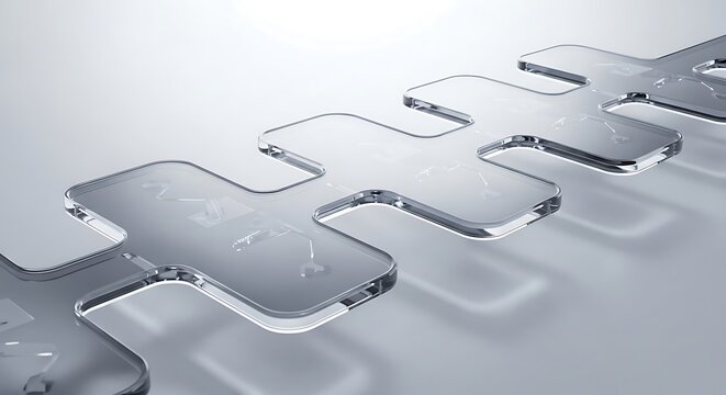 Abstract glass 3d diagram a de flujo representing a structured workflow process or organizational system with transparent segments on a white background