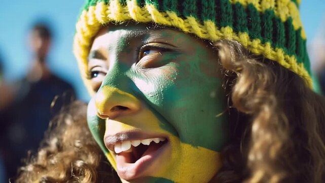 Realistic close-up portrait of smiling sports fan with green and yellow face paint, authentic stadium supporter celebration, natural human face, bright outdoor sunlight, Brazil
