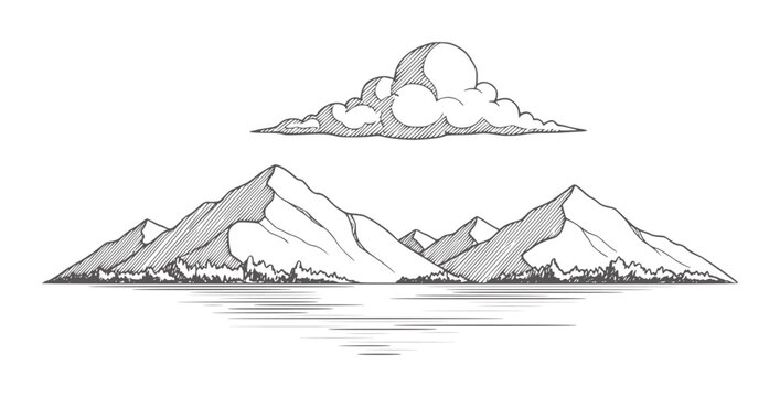 Hand drawn mountain range with cloud and water reflection peaks
