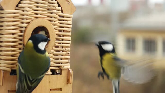 Woven birdhouse with wooden frame situated outdoors, showing a small bird with vibrant green and yellow feathers entering through the circular entrance.