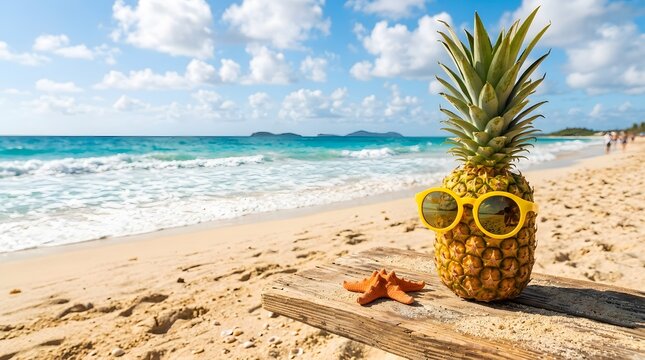 Pineapple wearing sunglasses on a beach