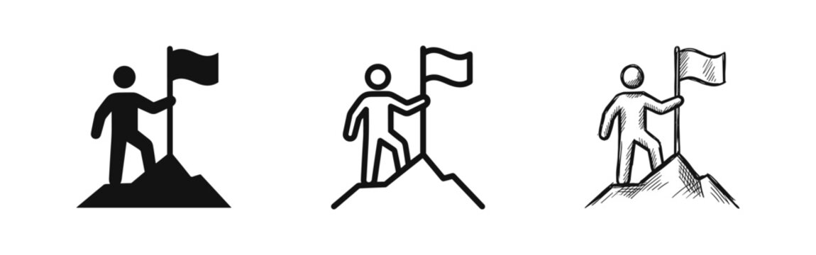 Climber with Flag on Mountain Peak Icons, Victory and Goal Achievement Symbol Set