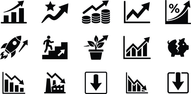 15 Business Growth and Economic Decline Solid Glyph Icon Set Vector.