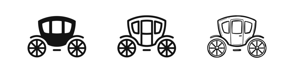 Royal horse-drawn carriage icon set in diverse styles, perfect for vintage themes and fairy tale designs. © drawing lines