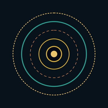 Minimalist stylized vintage astrolabe graphic with colorful concentric orbit rings isolated on dark blue background.