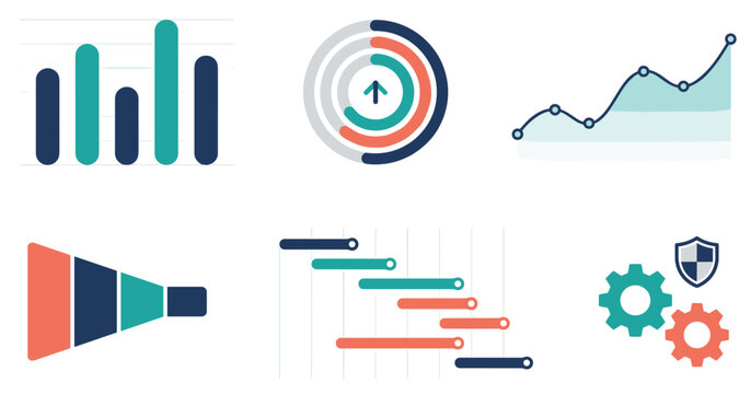 Business infographic element set featuring bar chart line graph funnel diagram radial chart gantt timeline and progress gears vector