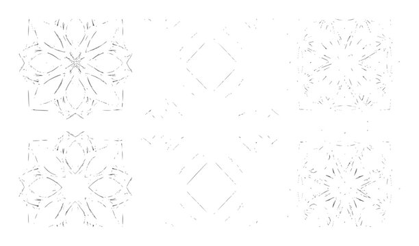 Six symmetrical geometric patterns in dark gray white abstract ornament
