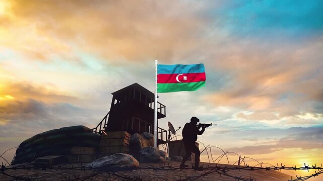 A soldier guarding a military outpost with the Azerbaijan flag waving high in the sky