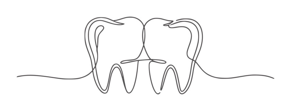 Two teeth drawn with a single continuous dark gray line a white tooth dental dentistry