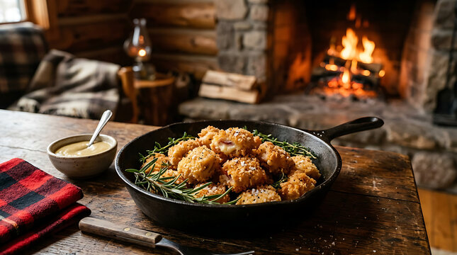 Crispy chicken cordon bleu bites served in a cast iron skillet with fresh rosemary near a warm fireplace