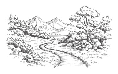 Obraz premium Winding dirt path through a scenic landscape with mountains and trees