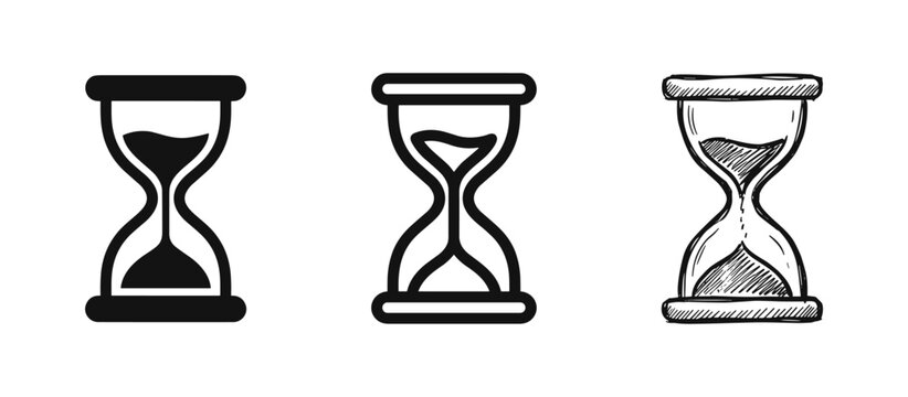 Hourglass sand timer icon set representing time flow, deadlines, and waiting. Ancient time measurement in solid, outline, and hand-drawn styles.