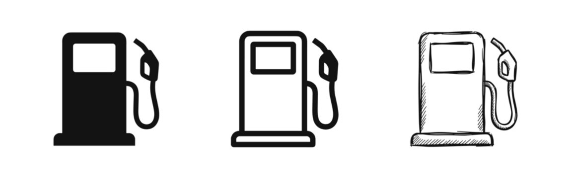 Gas pump and fuel station icon set. Energy, transportation, and automobile concepts in glyph, outline, and hand-drawn styles.