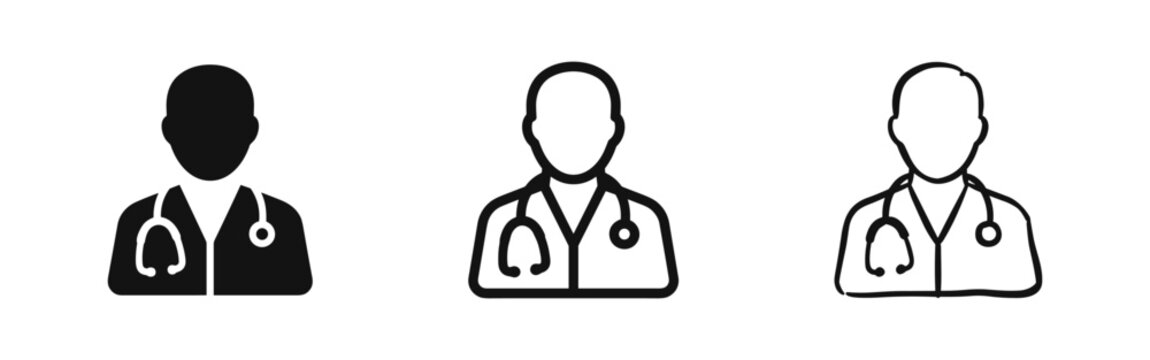 Doctor and medical professional icon set. Healthcare, physician, and nurse symbols with stethoscope in glyph, outline, and hand-drawn styles.