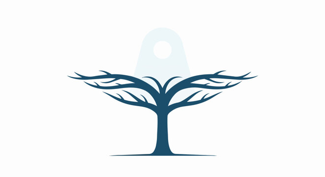 Minimalist tree logo vector with whale tail branches and abstract sun symbol. Creative tree logo vector design featuring nature branding concept for corporate identity, banner, and template.