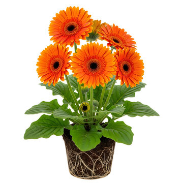 Vibrant orange gerbera daisy flowers growing in a small black plastic garden pot