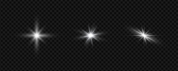 Three varied white star bursts and light flares isolated on with isolated transparent celestial brilliant intensity abstract brighten