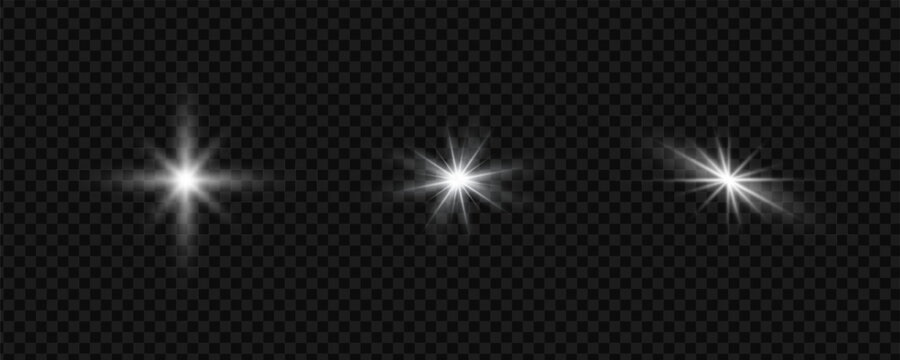 Three varied white star bursts and light flares isolated on with isolated transparent celestial brilliant intensity abstract brighten