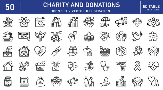 Charity And Donations icon set. Philanthropy related line icons: donation, helping hands, volunteer support, fundraising, nonprofit organization, social care, humanitarian aid & more. Editable stroke