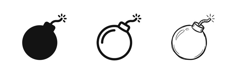 Cartoon Bomb with Lit Fuse Icon Set in Three Different Styles - Glyph, Outline, and Hand-Drawn Sketch © drawing lines