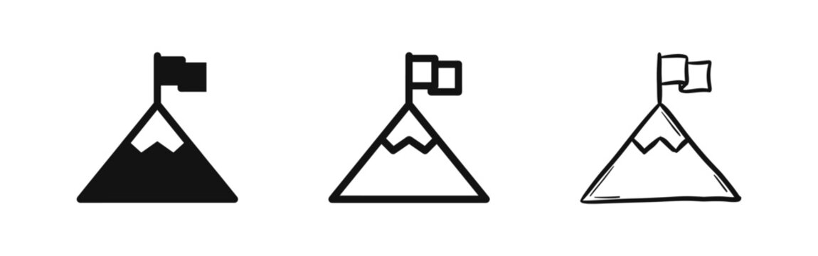 Mountain Peak with Flag Success Icon Set in Three Styles - Glyph, Outline, and Hand-Drawn Sketch