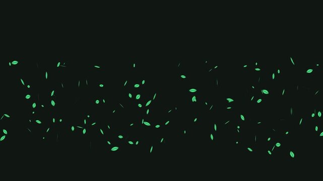 Small green leaves drift horizontally across a dark void background in a procedurally generated abstract 3D animation loop for mindfulness concepts