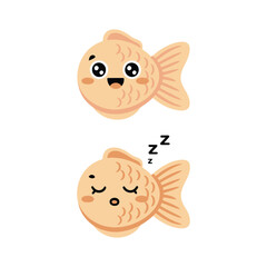 Fototapeta premium Japanese Street Food Taiyaki, Fish Shaped Cake Faces, Cute Trendy Colors, Flat Vector Icons, Sticker Pack Clipart Decorative Elements