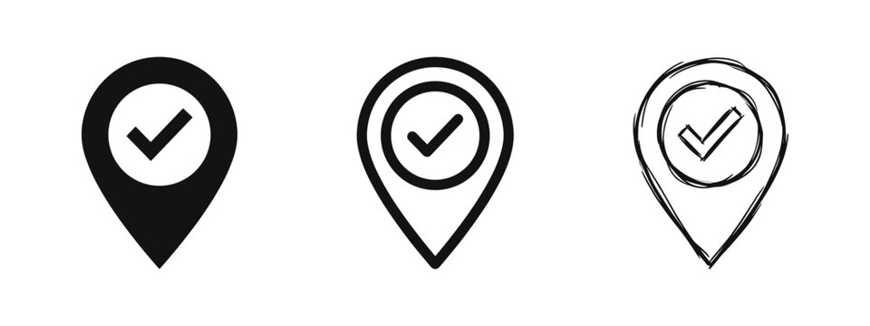 Map pin location with checkmark icon set, destination reached symbols, navigation pointers in three styles
