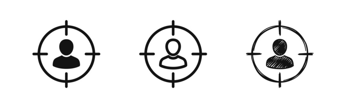 Targeted audience icon set, person in crosshair symbols, focus on customer group illustration in three styles