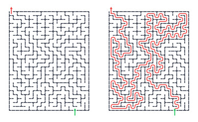 Fototapeta premium Rectangular maze for kids, medium difficulty printable logic game, find the way from start to exit, black and white line art, activity worksheet page with solution