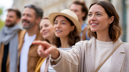 Obraz premium A tour guide shows softly a calm landmark to a bright group of tourists in soft daylight tour guide open faces bright outdoors daylight workspace soft landmark sightseeing
