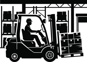 Silhouette of worker driving forklift with pallets in warehouse © Arafat Sajid