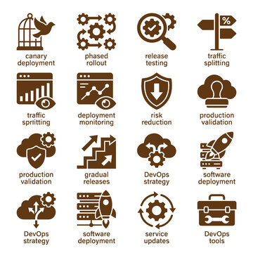 Dev ops strategy and software deployment vector icon collection with deployment