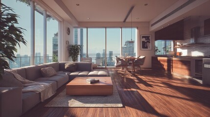 Fototapeta premium Modern Spacious Living Room with Stunning City View and Natural Light
