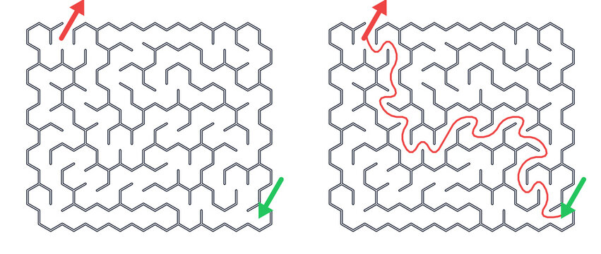 Hexagon maze for kids, medium difficulty printable logic game, find the way from start to exit, black and white line art, activity worksheet page with solution