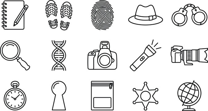 Detective and crime scene investigation line icon set featuring magnifying glass fingerprint camera footprints handcuffs and sheriff badge vector