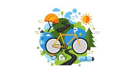 Fototapeta premium Modern Cycling Adventure Flat Design Concept with Yellow Bicycle, Helmet, and Nature Elements for Active Lifestyle and Eco-friendly Travel