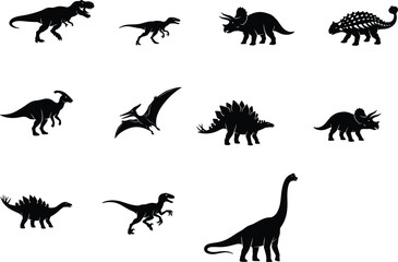 Dinosaur Silhouette Vector Set Featuring Tyrannosaurus Triceratops Stegosaurus Pterosaur Ankylosaurus Velociraptor and Sauropod Prehistoric Animals © Sarjina