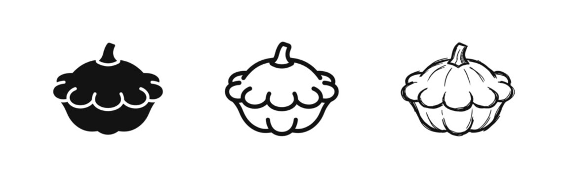 Pattypan Squash or Gourd Icon Set - Solid, Outline, and Hand-Drawn Styles