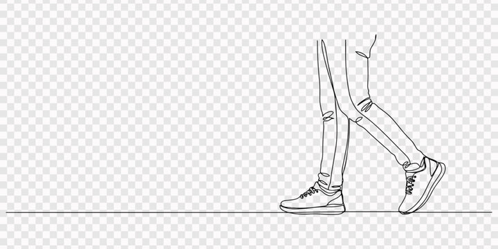A minimalist line drawing of a persons legs and feet walking in sneakers on a plain surface, transparent background, Drawing of man's legs in tight jeans and boots, Walking male legs isolated. Vector 