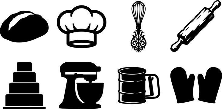 Bakery and baking tools icon set featuring black vector silhouettes of bread chefs hat whisk rolling pin tiered cake stand mixer flour sifter and oven mitts