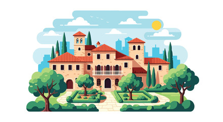Fototapeta premium Flat style vector of an Italian countryside villa surrounded by trees and gardens, representing Mediterranean residential lifestyle and architecture