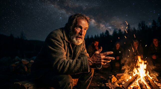 Elderly man telling a story by a campfire under a starry night sky