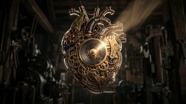 Steampunk mechanical heart with glowing brass clockwork gears