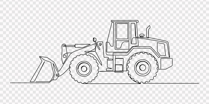 Continuous line drawing Tractor, farming tractor, agricultural vehicle, plowing, vector illustration, transparent background. Farm tractor with front loader one line drawing. Continuous line art of on