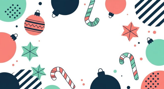 Christmas holiday background frame with hanging baubles candy canes and decorative shapes.