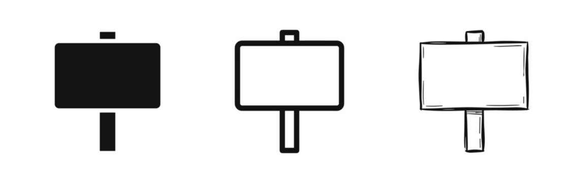 Blank Signpost Icons. Set of vector symbols for information, direction, or message boards in solid, outline, and hand-drawn styles.
