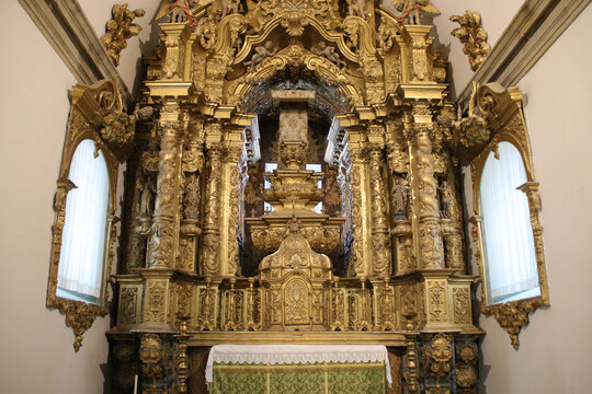baroque altarpiece in a medieval cathedral in miranda do douro in portugal 