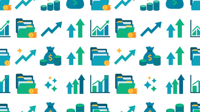Seamless pattern of financial growth icons with charts, money bags, and folders