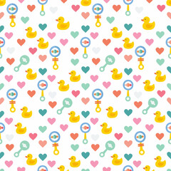 Obraz premium Cute cartoon baby ducklings and rattles seamless pattern, vector illustration